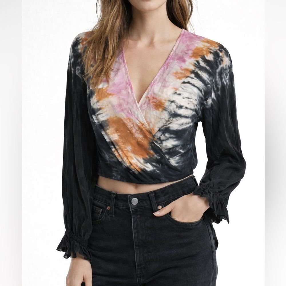 R.G. Kane Faux Wrap Front Tie-Dye V-Neck Blouse with Tie Back